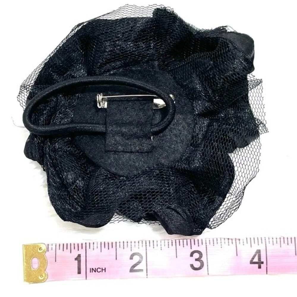 Black Satin Ribbon and Tulle Flower Rose Hair Bow Clips